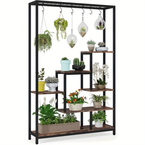 Lantine 5-Tier Tall Metal Plant Stand, 70.9 Inches, 6PC S Hooks, Multi-Purpose Flower Bonsai Display Rack for Indoor, Garden, Balcony, Living Room