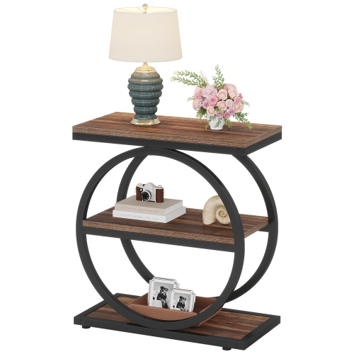 Lantine Narrow Industrial End Table, 3 Storage Shelves, Black Metal Frame, Sofa Side Table for Living Room, Slim Nightstand for Bedroom