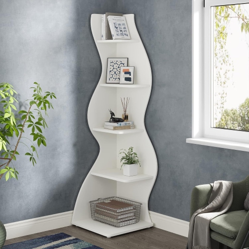 Lantine – Étagère en coin murale moderne à 5 niveaux, étagère en coin élégante petite bibliothèque de rangement à forme unique pour salon, bureau à
