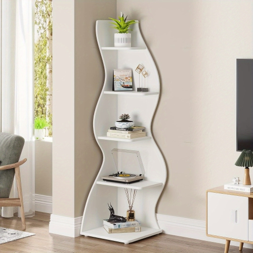 Lantine – Étagère en coin murale moderne à 5 niveaux, étagère en coin élégante petite bibliothèque de rangement à forme unique pour salon, bureau à