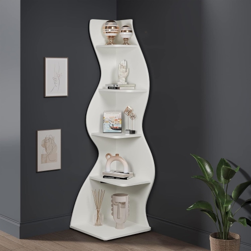 Lantine – Étagère en coin murale moderne à 5 niveaux, étagère en coin élégante petite bibliothèque de rangement à forme unique pour salon, bureau à