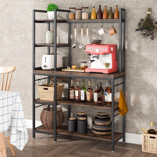 Lantine 5 Tier Bakers Back For Kitchen, Microwave Oven Stand With 10 Hooks And Hutch, Kitchen Utility Storage Organization Shelf, Coffee Bar Station,