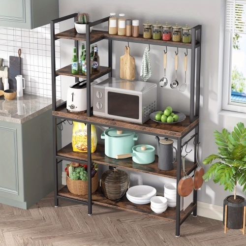 Lantine 5 Tier Bakers Back For Kitchen, Microwave Oven Stand With 10 Hooks And Hutch, Kitchen Utility Storage Organization Shelf, Coffee Bar Station,