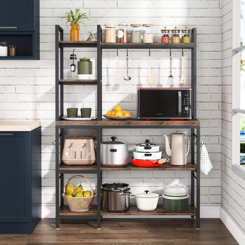 Lantine 5 Tier Bakers Back For Kitchen, Microwave Oven Stand With 10 Hooks And Hutch, Kitchen Utility Storage Organization Shelf, Coffee Bar Station,