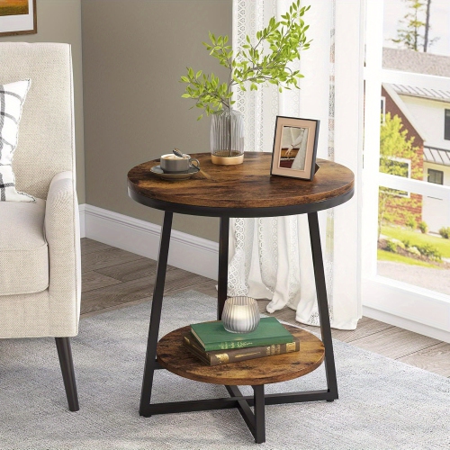 LANTINE  End Table, 2 Tier Round Side Table \w Storage Shelf, Industrial Nightstand Bedside Table Coffee Accent Table for Living Room Bedroom Small