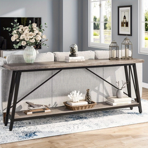 LANTINE  70.9 Inches Extra Long Sofa Table Behind Couch, Industrial Entry Console Table for Hallway, Entryway & Living Room, Light Gray And In Black
