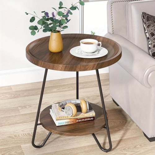 Lantine Round Side Table,2-Tier End Table With Metal Legs,Modern Industrial Beside Table,Small Accent Table Snack Table For Living Room,Bedroom,Small