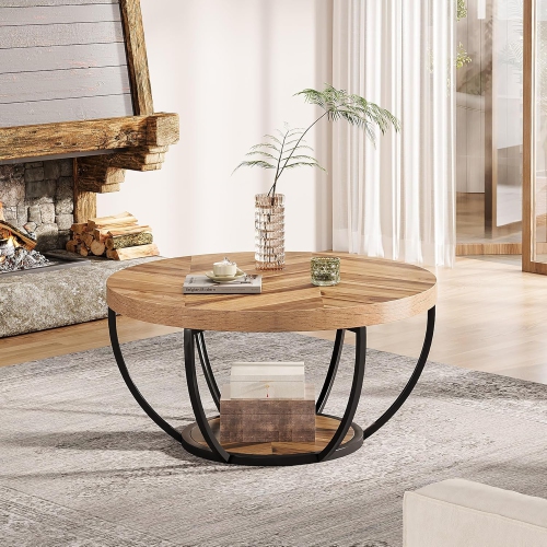 Table basse ronde Lantine, table ronde moderne de 32&nbsp;po pour le salon, centre d'appoint en bois à 2 niveaux avec tablettes de rangement, noir et