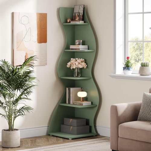 Lantine Corner Shelf, Modern 5-Tier Wall Corner Bookshelf, Stylish Corner Small Bookcase Storage Rack Plant Stand with Unique Shape for Living Room,