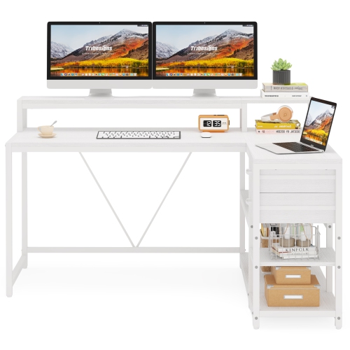Lantine L Shaped Desk With Drawers And Storage Shelves,Home Office L Corner Desk With Monitor Stand,55" X 24" Desktop Computer Desk,Gaming Desk Study
