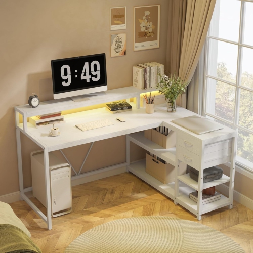 Lantine L Shaped Desk With Drawers And Storage Shelves,Home Office L Corner Desk With Monitor Stand,55" X 24" Desktop Computer Desk,Gaming Desk Study