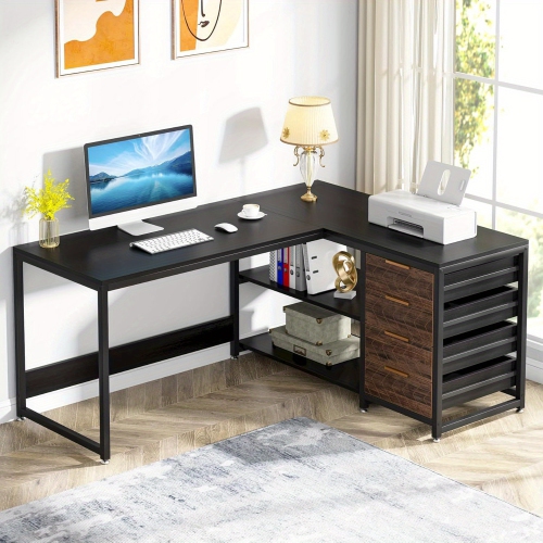 Lantine L Shaped Computer Desk With Storage Drawers, 59 Inch Corner Desk With Shelves, Reversible L-Shaped Office Desk Study Writing Table