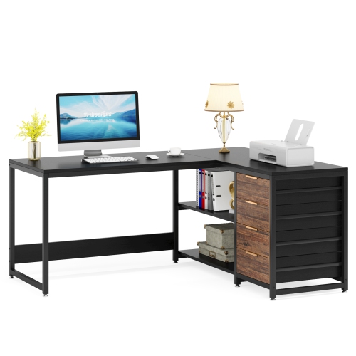 Lantine L Shaped Computer Desk With Storage Drawers, 59 Inch Corner Desk With Shelves, Reversible L-Shaped Office Desk Study Writing Table