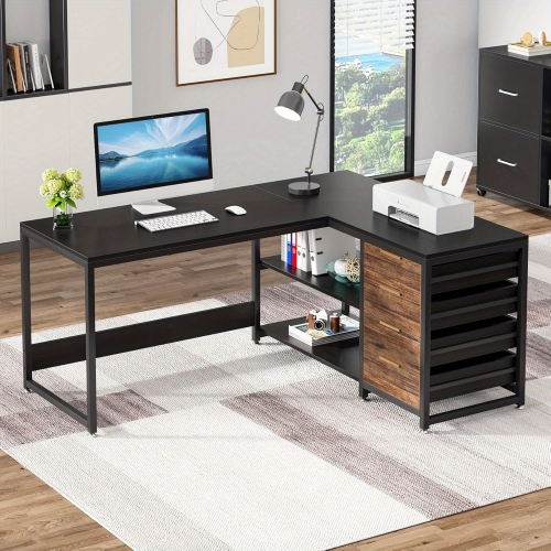 Lantine L Shaped Computer Desk With Storage Drawers, 59 Inch Corner Desk With Shelves, Reversible L-Shaped Office Desk Study Writing Table