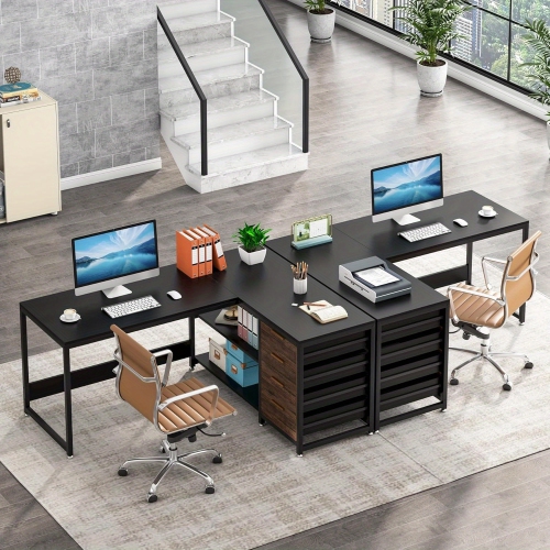 Lantine L Shaped Computer Desk With Storage Drawers, 59 Inch Corner Desk With Shelves, Reversible L-Shaped Office Desk Study Writing Table