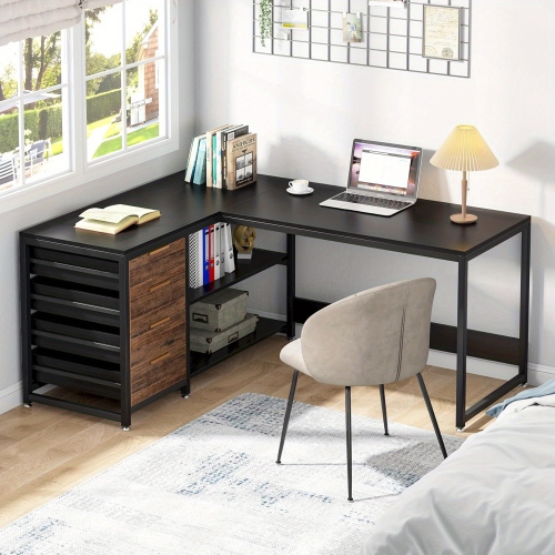 Lantine L Shaped Computer Desk With Storage Drawers, 59 Inch Corner Desk With Shelves, Reversible L-Shaped Office Desk Study Writing Table