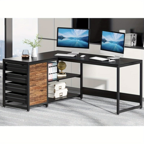 Lantine L Shaped Computer Desk With Storage Drawers, 59 Inch Corner Desk With Shelves, Reversible L-Shaped Office Desk Study Writing Table