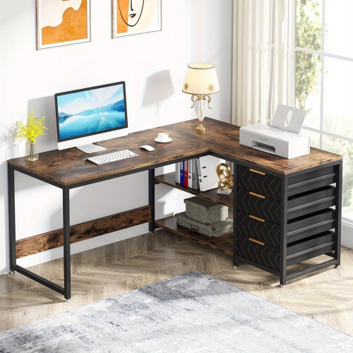 Lantine L Shaped Computer Desk With Storage Drawers, 59 Inch Corner Desk With Shelves, Reversible L-Shaped Office Desk Study Writing Table