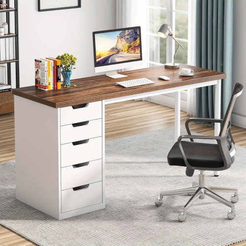 Lantine Computer Desk With 5 Drawers,47 Inches Rustic Brown Home Office Desk With Storage,Modern Simple Laptop Desk Study Writing Table For Small
