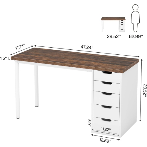 Lantine Computer Desk With 5 Drawers,47 Inches Rustic Brown Home Office Desk With Storage,Modern Simple Laptop Desk Study Writing Table For Small