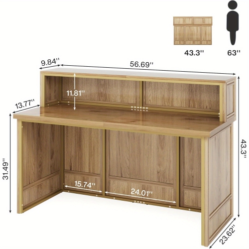 Lantine 57" Reception Desk With Counter, Modern Front Desk With Metal Frame, Wooden Retail Checkout Counter For Office, Reception Room, Beauty Salon,