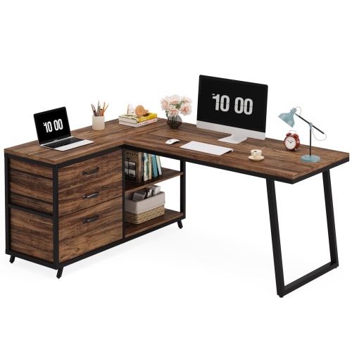 Lantine L-Shaped Computer Desk With 3 Drawers,Reversible Corner Home Office Desk With Shelves,53-Inch Industrial PC Desk Study Writing Table
