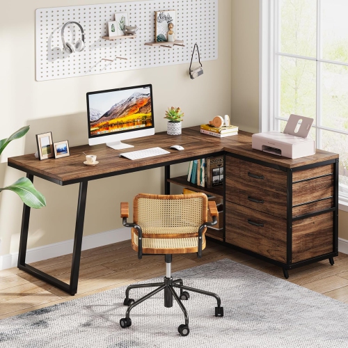 Lantine L-Shaped Computer Desk With 3 Drawers,Reversible Corner Home Office Desk With Shelves,53-Inch Industrial PC Desk Study Writing Table