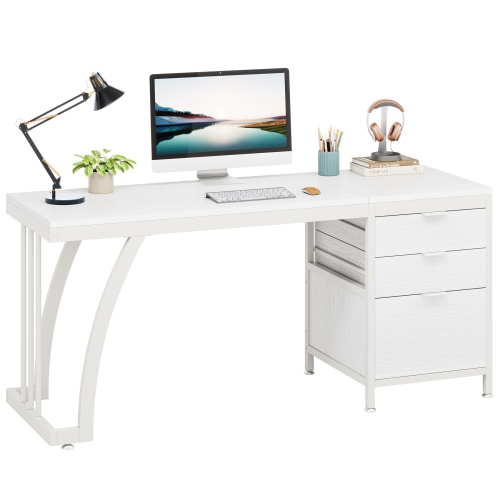Lantine Study table, White Computer Desk With 3 Drawers, Modern PC Desk With File Storage, 59-Inch Writing Table Workstation With Large Desktop And