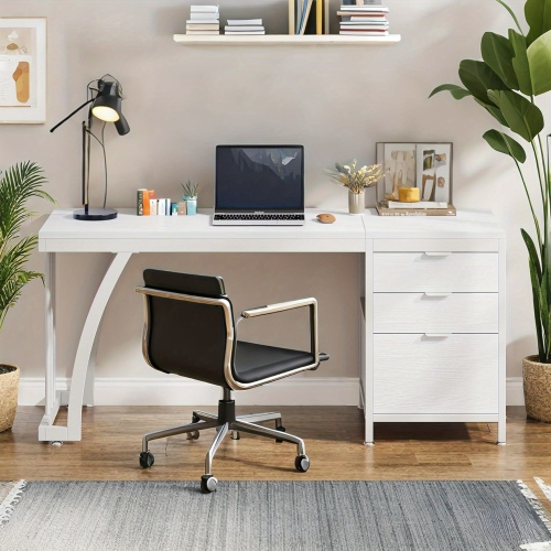 Lantine Study table, White Computer Desk With 3 Drawers, Modern PC Desk With File Storage, 59-Inch Writing Table Workstation With Large Desktop And