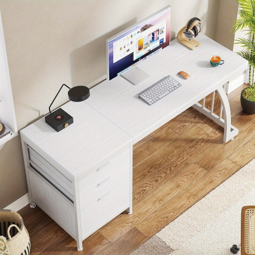 Lantine Study table, White Computer Desk With 3 Drawers, Modern PC Desk With File Storage, 59-Inch Writing Table Workstation With Large Desktop And