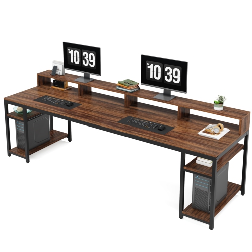 Lantine Two Person Desk With Monitor Stand,78.74" Long Double Computer Office Desk With Storage Shelves,Large Gaming Desk Study Writing Table