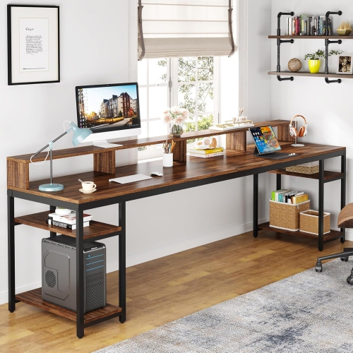 Lantine Two Person Desk With Monitor Stand,78.74" Long Double Computer Office Desk With Storage Shelves,Large Gaming Desk Study Writing Table