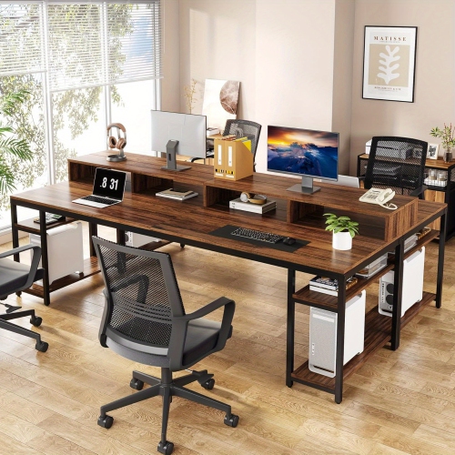 Lantine Two Person Desk With Monitor Stand,78.74" Long Double Computer Office Desk With Storage Shelves,Large Gaming Desk Study Writing Table
