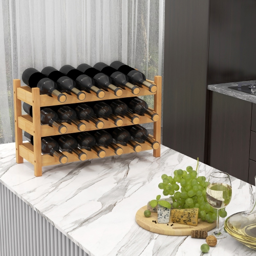 Gymax 3 Tier 18 Bottle Wine Storage Cabinet Shelf Bamboo Wine Rack for Wine Lovers