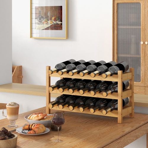 Gymax 3 Tier 18 Bottle Wine Storage Cabinet Shelf Bamboo Wine Rack for Wine Lovers