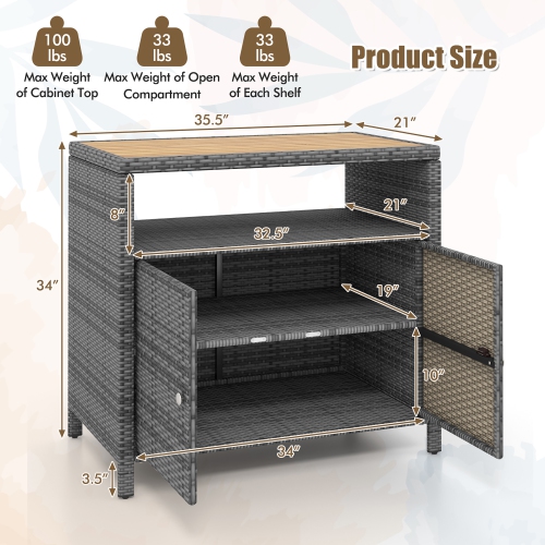 Gymax Patio Rattan Storage Cabinet w/ Acacia Wood Countertop Open Shelf 2 Door Cabinet