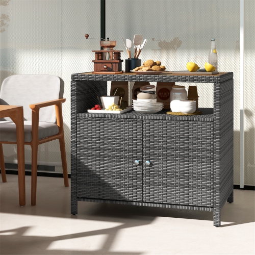 Gymax Patio Rattan Storage Cabinet w/ Acacia Wood Countertop Open Shelf 2 Door Cabinet