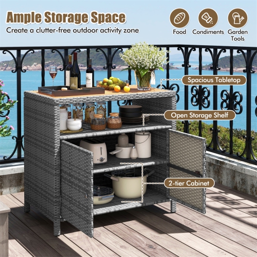 Gymax Patio Rattan Storage Cabinet w/ Acacia Wood Countertop Open Shelf 2 Door Cabinet