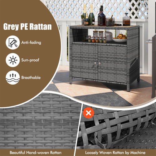 Gymax Patio Rattan Storage Cabinet w/ Acacia Wood Countertop Open Shelf 2 Door Cabinet