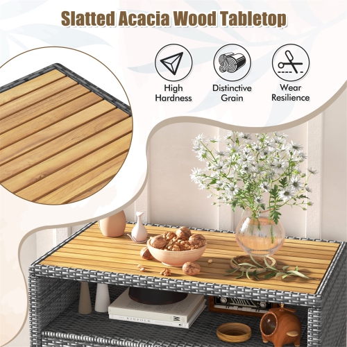 Gymax Patio Rattan Storage Cabinet w/ Acacia Wood Countertop Open Shelf 2 Door Cabinet