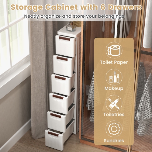 Gymax 2PCS 6-Drawer Narrow Rolling Storage Cabinet w/ Pull Handles Built-in Wheels