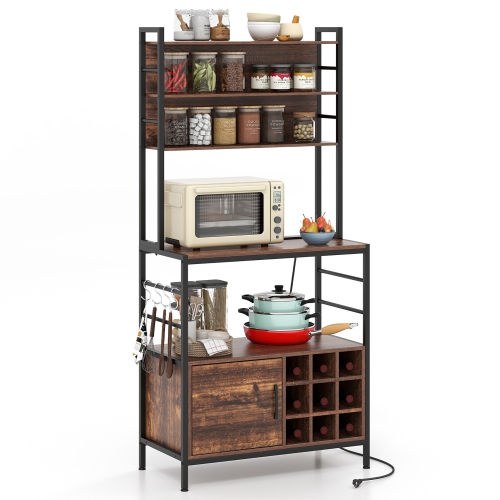 GYMAX  67" Bakers Rack W/ Power Outlet Coffee Bar Cabinet W/ S-Shaped Hooks