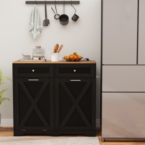 Gymax Tilt Out Trash Can Cabinet w/ Outlets 2 Drawers Adjustable Shelf Anti-Tipping Kit