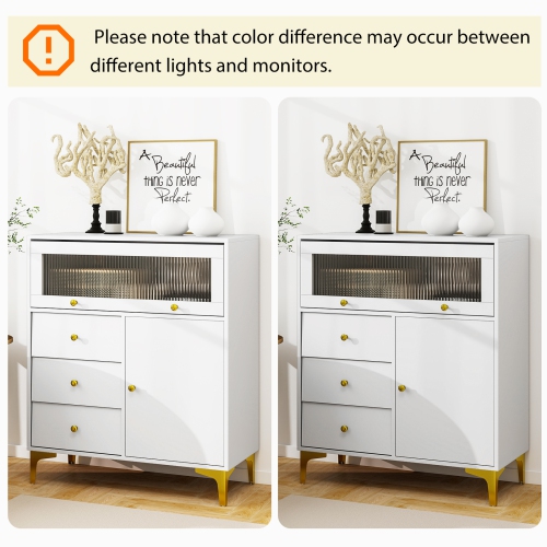 Gymax 37.5'' Tall Dresser Chest of Drawers w/ Flip-up Fluted Glass Door 2 Cabinets