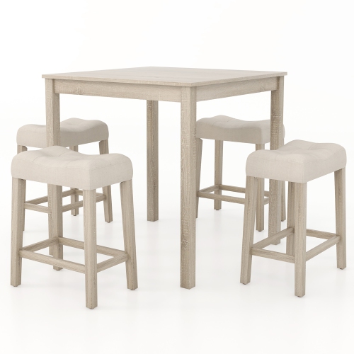 Gymax 5 PCS Square Bar Table Set for 4 w/ Padded Stools Rubber Wood Legs for Kitchen