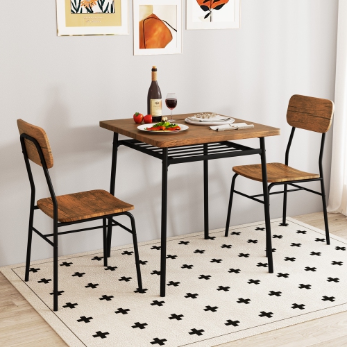 Gymax 3-Piece Wood Square Kitchen Table & Chair Set w/ Metal Frame Storage Rack