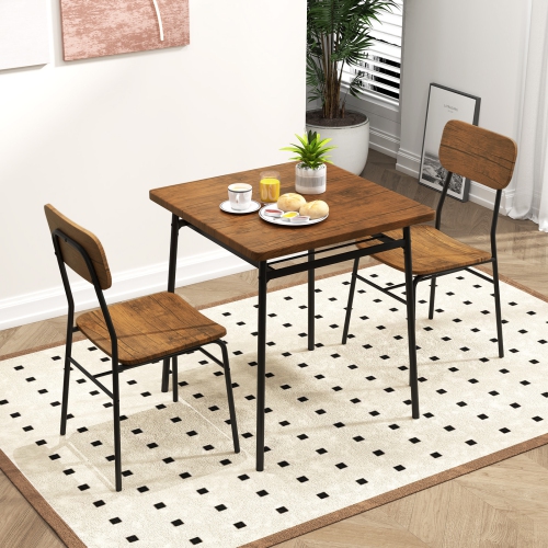 Gymax 3-Piece Wood Square Kitchen Table & Chair Set w/ Metal Frame Storage Rack