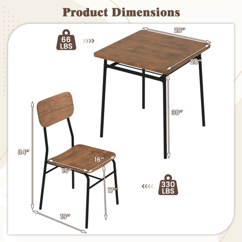 Gymax 3-Piece Wood Square Kitchen Table & Chair Set w/ Metal Frame Storage Rack