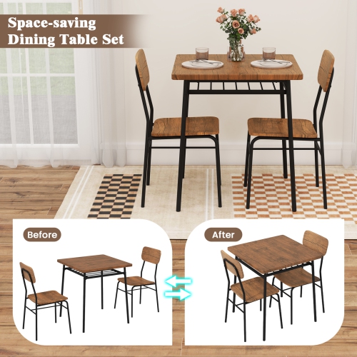 Gymax 3-Piece Wood Square Kitchen Table & Chair Set w/ Metal Frame Storage Rack