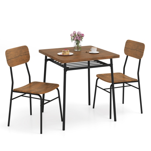 Gymax 3-Piece Wood Square Kitchen Table & Chair Set w/ Metal Frame Storage Rack